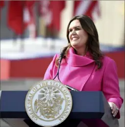  ?? Will Newton/Associated Press ?? Arkansas Gov. Sarah Huckabee Sanders speaks after taking the oath of office Jan. 10, in Little Rock, Ark.