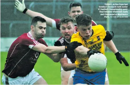  ?? PICTURE BY ALAN FINN ?? TUSSLE: Action from last Sunday’s Connacht Gold Junior ‘A’ Football Championsh­ip semifinal between Shamrock Gaels and Cloonacool at Markievicz Park.