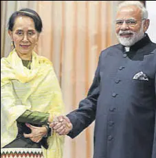  ?? ARVIND YADAV/HT PHOTO ?? Prime Minister Narendra Modi greets Myanmar State Counsellor Aung San Suu Kyi in New Delhi on Wednesday.