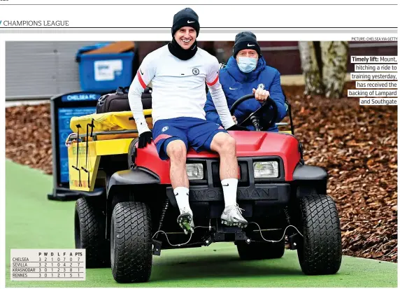  ?? PICTURE: CHELSEA VIA GETTY ?? Timely lift: Mount, hitching a ride to training yesterday, has received the backing of Lampard and Southgate