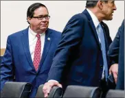  ?? ANDREW HARNIK / AP ?? Rep. Blake Farenthold, R-Texas, arrives for a House committee hearing Wednesday. Farenthold won’t seek re-election next year. The lawmaker is under pressure from sexual misconduct allegation­s.