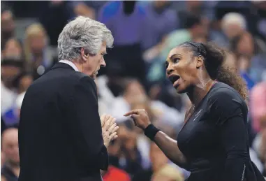  ?? USA Today; AFP; AP ?? Serena Williams loses her cool during the US Open final at Flushing Meadows which she lost in straight sets to Naomi Osaka
