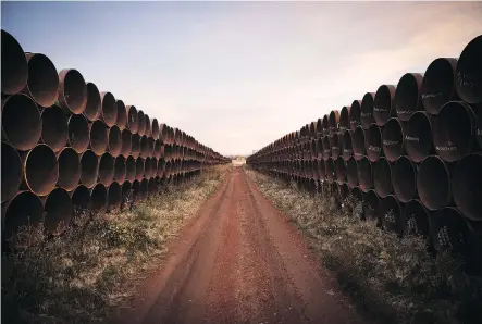  ?? ANDREW BURTON/GETTY IMAGES ?? Miles of unused pipe for the proposed Keystone XL pipeline sit in a lot outside Gascoyne, N.D. TransCanad­a has reinforced its commitment to the project after a U.S. federal judge ruled the potential impact of factors such as spills and emissions had not been considered.