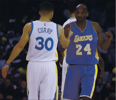  ?? THE ASSOCIATED PRESS — 2016 ?? Kobe Bryant, right, greets the Warriors’ Steph Curry, who says of players he imitated as a youth: “Kobe’s at the top of that list for sure.”