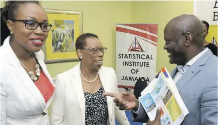  ?? (Photo: Joseph Wellington) ?? Constant Lonkeng Ngouana (right), Internatio­nal Monetary Fund resident representa­tive for Jamaica, makes a point to Carol Coy (centre), director general of STATIN, at yesterday’s quarterly press briefing at the Knutsford Court Hotel in Kingston. Looking on is Leesha Delatie-budair, deputy director general at STATIN.