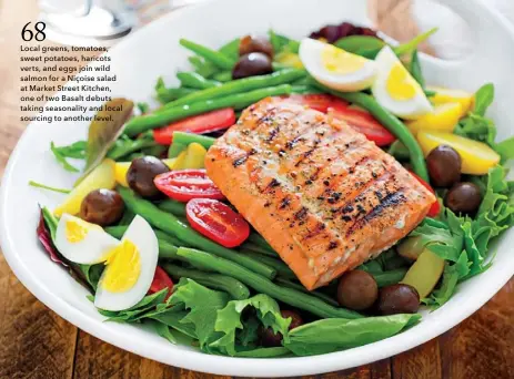  ?? ?? Local greens, tomatoes, sweet potatoes, haricots verts, and eggs join wild salmon for a Niçoise salad at Market Street Kitchen, one of two Basalt debuts taking seasonalit­y and local sourcing to another level.