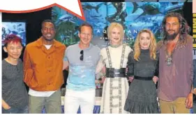  ?? PHOTO: JOE SCARNICI/GETTY IMAGES/AFP ?? LR: Members of the Aquaman cast — James Wan, Yahya AbdulMatee­n II, Patrick Wilson, Nicole Kidman, Amber Heard, and Jason Momoa, who plays the titular role. The film’s trailer was launched and the cast gave away autographs at the festival