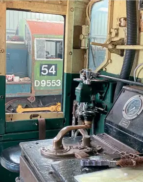  ?? Andy Coward ?? Class 14 D9553 is now based at Bridge of Dun on the Caledonian Railway, where work is underway on its revival after several years out of service. The Class 14 is viewed from the cab of Class 08 3059 on March 25.