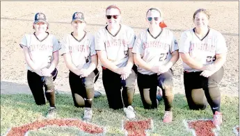  ?? PHOTO BY RICK PECK ?? McDonald County High School held Senior Night on Sept. 22 following the Lady Mustangs’ 5-1 win over East Newton to honor the five senior members of the 2016 team. From left are Hanna Schmit, Kali McClain, Paige Jones, Aubrie Dunn and Skylar Wright.