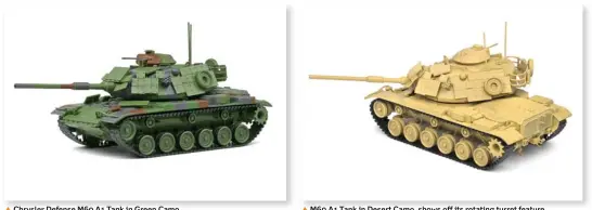  ??  ?? ▲ Chrysler Defense M60 A1 Tank in Green Camo. ▲ M60 A1 Tank in Desert Camo, shows off its rotating turret feature.