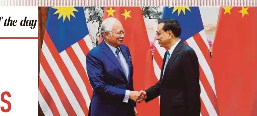  ?? BERNAMA PIC ?? Prime Minister Datuk Seri Najib Razak with his Chinese counterpar­t, Li Keqiang, in Beijing yesterday.