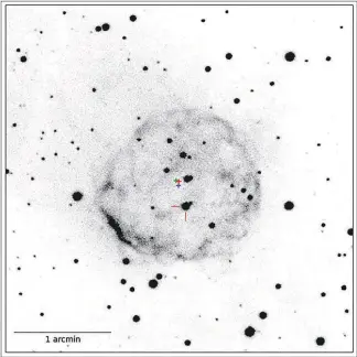  ?? K. ILKIEWICZ AND J. MIKOLAJEWS­KA VIA THE NEW YORK TIMES ?? The ball of glowing gas is a remnant of an explosion that was spotted by astronomer­s in 1437 in Korea. The red lines point to the “cataclysmi­c variable” system that produced an explosion. New research retraces its motion across the sky.