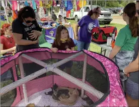  ??  ?? Josie Farrington, 8, of Phoenixvil­le, looks up plaintivel­y from the pen full of cats available for adoption from Fosterling­s Inc. during the Pottstown Pet Fair Saturday.