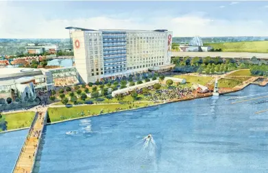  ?? PROVIDED ?? A pedestrian bridge over the Oklahoma River, to be built as part of MAPS 4, will connect the $300 million OKANA resort and $175 million First Americans Museum (foreground, to the left) with the Boathouse District, RiverSport and Bricktown.