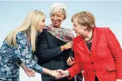  ??  ?? Ivanka with Christine Lagarde (centre), head of the Internatio­nal Monetary Fund, and Angela Merkel, the German chancellor, at the W20 conference in Berlin last week. Below: Ivanka has taken the First Lady role in the absence of her stepmother Melania