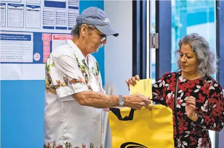  ?? ANA RAMIREZ U-T PHOTOS ?? Susana Calvillo drops off a ballot with Bill Condit at the City Heights Recreation­al Center during the special election to fill Nathan Fletcher’s District 4 county supervisor seat on Tuesday. Monica Montgomery Steppe leads in early results.