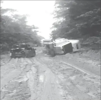  ??  ?? Toppled trucks are now a common sight along the trail, as the condition of the Linden- Lethem Road worsens.