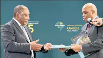  ?? PICTURE: KOPANO TLAPE/GCIS ?? President Cyril Ramaphosa with Afreximban­k president Benedict Oramah during the bank’s 25th anniversar­y in Abuja, Nigeria yesterday.