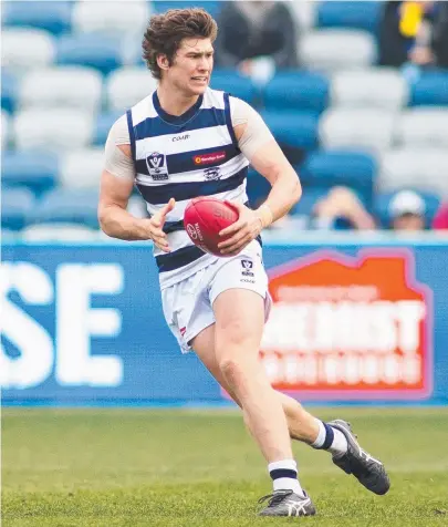  ?? Picture: ARJ GIESE ?? Geelong's Timm House in action against Sandringha­m. Captained the side on Saturday. Had the tough task of flying back from Adelaide as standby emergency for the AFL side. Was the top possession getter at quarter-time but his impact was limited in the...