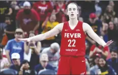  ?? DARRON CUMMINGS/AP ?? INDIANA FEVER’S CAITLIN CLARK reacts during the second half of a game against the New York Liberty on July 6 in Indianapol­is.