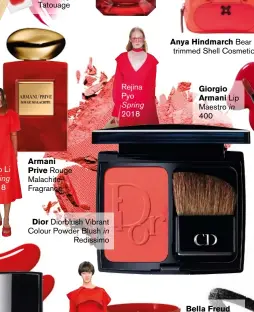  ??  ?? Xiao li 2018 ARMANI PRIVE rouge Malachite fragrance DIOR diorblush Vibrant colour Powder blush in redissimo rejina Pyo Spring 2018 ANYA HINDMARCH bear leathertri­mmed shell cosmetics case GIORGIO ARMANI lip Maestro 400