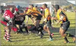  ??  ?? DERBY DAY: Players from local rivals Old Collegians and Breakers give it their all in a tussle won by Breakers