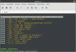  ?? ?? Die Bash-shell akzeptiert selbst definierte Tastenkomb­inationen: Dieser Ausschnitt einer „~/.bashrc“zeigt konkrete Belegungen mit Alt- und Strg-taste über den Befehl bind.