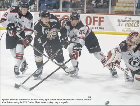  ?? FILE ?? Quebec Remparts defenceman Andrew Picco, right, battles with Charlottet­own Islanders forward Cam Askew during the 2018 Quebec Major Junior Hockey League playoffs.