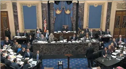  ?? SENATE TELEVISION ?? In this image from video, White House counsel Pat Cipollone, stands and waits to be recognized by presiding officer Supreme Court Chief Justice John Roberts during the impeachmen­t trial against President Donald Trump in the Senate at the U.S. Capitol in Washington on Tuesday.