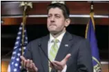  ?? J. SCOTT APPLEWHITE — THE ASSOCIATED PRESS ?? House Speaker Paul Ryan, R-Wis., announces that he is abruptly pulling the troubled Republican health care overhaul bill off the House floor, short of votes and eager to avoid a humiliatin­g defeat for President Donald Trump and GOP leaders, at the...