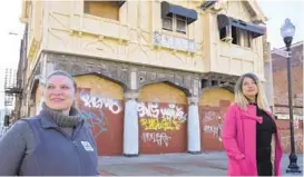  ?? KARL MERTON FERRON/THE BALTIMORE SUN ?? Gretchen LeGrand, left, co-founder and CEO with Code in the Schools, and Stacie Sanders Evans, CEO of Young Audiences of Maryland, stand outside the former Odell’s nightclub building, to be made into offices.