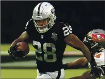  ?? JEFF BOTTARI — THE ASSOCIATED PRESS ?? Raiders running back Josh Jacobs is coming off a game against the Tampa Bay Buccaneers in which he gained just 17 yards on 10 carries.