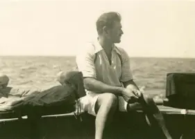  ??  ?? Ernest Hemingway Photograph Collection. John F. Kennedy Presidenti­al Library and Museum Ernest Hemingway, shown on a fishing boat circa 1929, is the subject of a three-part Ken Burns documentar­y on PBS.