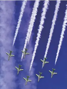  ?? Ahmed Kutty/Gulf News ?? The Al Fursan aerobatic team passes over the Abu Dhabi corniche to mark National Day yesterday.