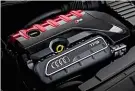  ??  ?? ENGINE Five-cylinder engine in the TT RS is an upgrade over the version found in the RS3 hatch, with lighter aluminium components and power up from 362bhp to 395bhp. It’s just as characterf­ul, though