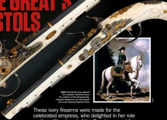  ??  ?? The pistols were manufactur­ed by the Saint Petersburg gunsmith Johan Adolph Grecke and are made of steel, gold and brass, as well as ivory