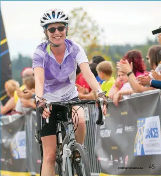  ??  ?? bellow Sarah Roth crossing finish line at the BC Ride to Conquer Cancer