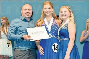  ?? CONTRIBUTE­D PHOTOS ?? ABOVE: Savannah Stanley, center, is named 2019 Distinguis­hed Young Woman of Georgia. 2018 Distinguis­hed Young Woman of Georgia Elizabeth Dutch, right, of Gordon County was on hand for the presentati­on. BELOW: Savannah Stanley.