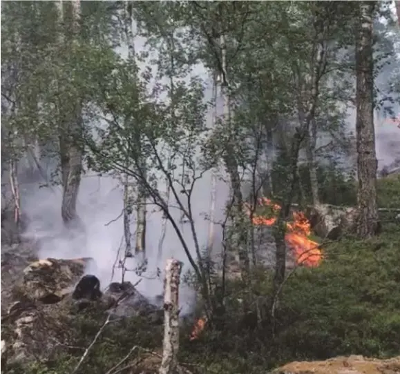  ?? FOTO: KRISTIAN TRYDAL ?? Søndag ettermidda­g var det fortsatt åpen ild mange steder der det ble drevet etterslokk­ing. Her ved Ljomskråtj­ønn i Bykle.