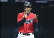  ?? THE ASSOCIATED PRESS FILE PHOTO ?? Francisco Lindor encourages his teammates during Game 2 of the Indians-Yankees wild card series Sept. 30 at Progressiv­e Field.