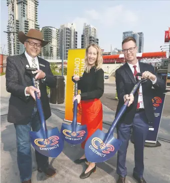  ?? JIM WELLS ?? Stampede project representa­tive Jim Laurendeau, from left, Kate Thompson, CMLC president and CEO, and Chris Jordan, manager service design at Calgary Transit, pose at the project's groundbrea­king Thursday.