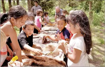  ?? RACHEL DICKERSON/MCDONALD COUNTY PRESS ?? Students at Noel Primary School feel animal pelts brought by conservati­on agents to an outdoor classroom during Earth Day activities at the school.