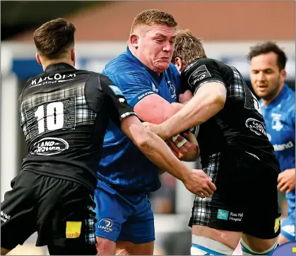  ??  ?? THE GREAT WALL: Leinster prop Tadhg Furlong meets strong Glasgow defence in the RDS yesterday