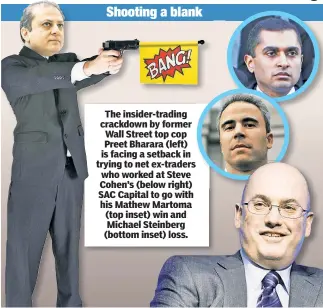  ??  ?? Shooting a blank The insider-trading crackdown by former Wall Street top cop Preet Bharara (left) is facing a setback in trying to net ex-traders who worked at Steve Cohen’s (below right) SAC Capital to go with his Mathew Martoma (top inset) win and...