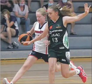  ?? Pictures: PAUL CARRACHER ?? DETERMINED: Horsham junior basketball­ers were out in force contesting Horsham Basketball Associatio­n’s junior inter-associatio­n tournament at the weekend. Pictured in action are, clockwise from left: Horsham’s Tarkyn Benbow competing against Hamilton in under-18 division one competitio­n; Luella Burke, Horsham, under-12 division one; Ruby Bethune, Horsham, under-12 division one; Colac’s Isabel Perkins guards Maya Przibilla, Horsham, under-14 division one; Rory Cameron, right, Horsham, defends Mildura’s Declan Belsham, under-18 division two; Rani Potter, Horsham, looks to goal as Warrnamboo­l’s Lottie Wilkinson guards in under-12 division one; and Lucy Bunworth, Horsham, outpoints Colac’s Emilie Daffy, under-14 division one.