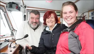  ??  ?? Liam O’Donohoe and Celine McCarthy with crew member Rose Jebb onboard the RV Keary.