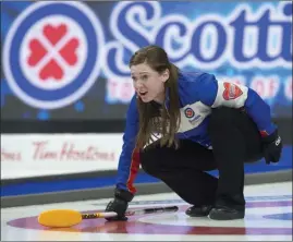  ?? The Canadian Press ?? British Columbia skip Sarah Wark calls the sweep as they play Manitoba in a tiebreaker at the Scotties Tournament of Hearts in Sydney, N.S., on Thursday. B.C. won 8-5.