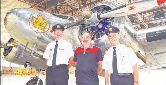  ?? STEVE MACNAULL PHOTO ?? Pilot John Brennan (from left), maintenanc­e man George Huntington and pilot Gerry Norberg are flying a 1937 Lockheed L-10A propeller airline across Canada this month to celebrate Air Canada’s 80th birthday.