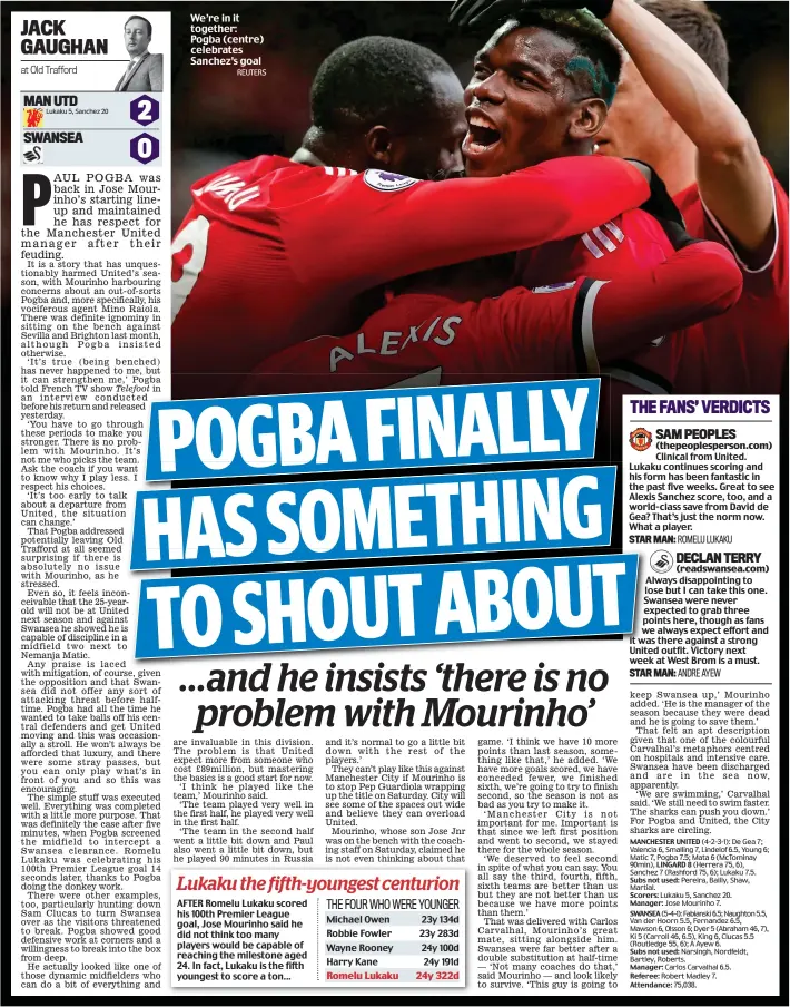  ?? REUTERS ?? We’re in it together: Pogba (centre) celebrates Sanchez’s goal
