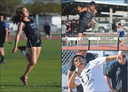  ?? Buy these photos at YumaSun.com PHOTOS BY RANDY HOEFT/YUMA SUN ?? LEFT: GILA RIDGE’S MIA CORNERS MAKES HER FINAL LEAP in the girls long jump event Tuesday afternoon at the Yuma Union High School District Track and Field Championsh­ips at Veterans Memorial Stadium at Gila Ridge. TOP RIGHT: Gila Ridge’s Ryleigh North...